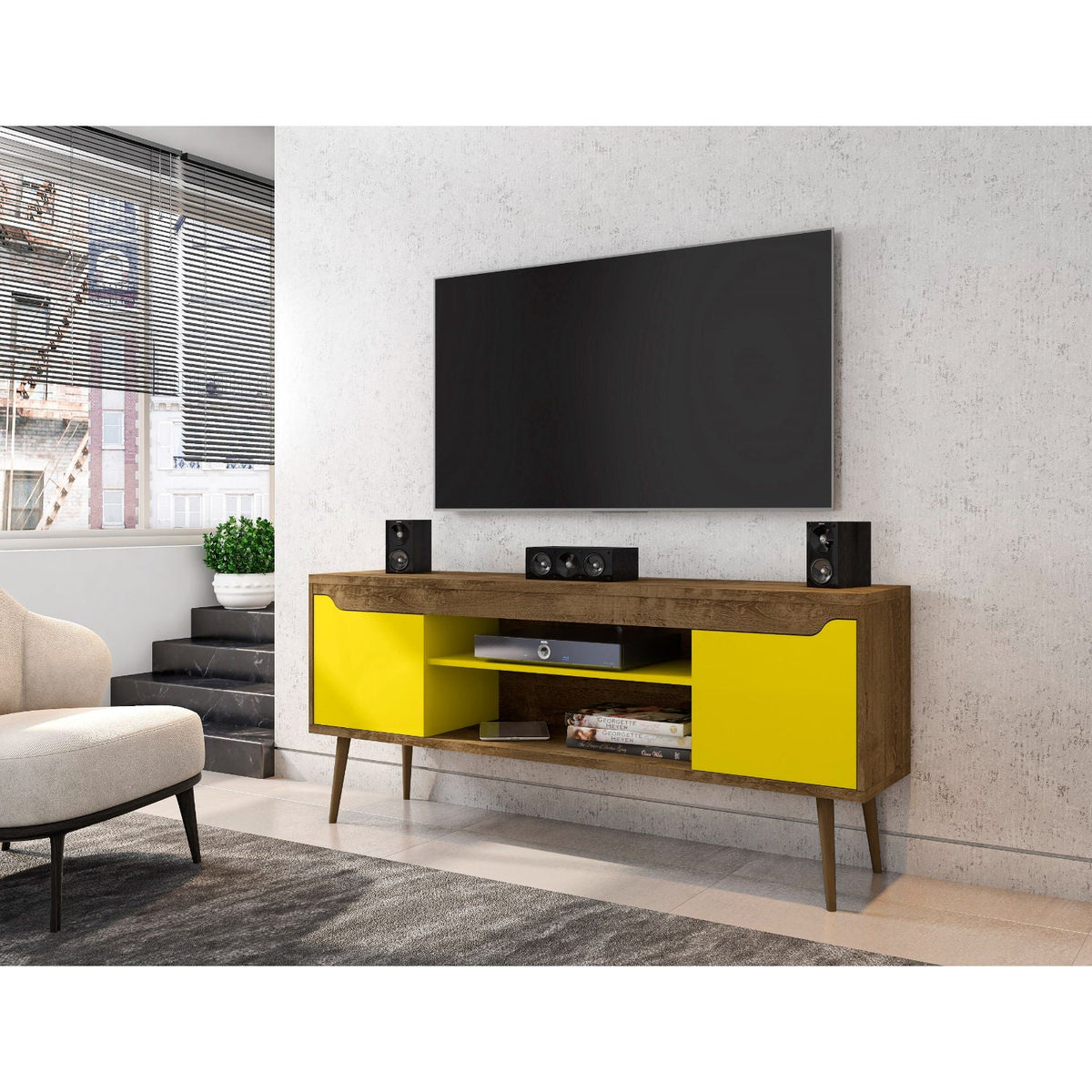 TV stand HouseOfZazla with yellow cabinet doors and wood finish, concealed storage on Tampa Home & Garden Store