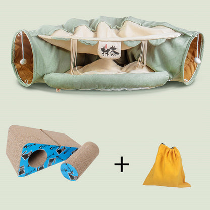 Four Seasons Cat Tunnel Bed green beige with blue-end scratcher and yellow bag on Tampa Home & Garden Store