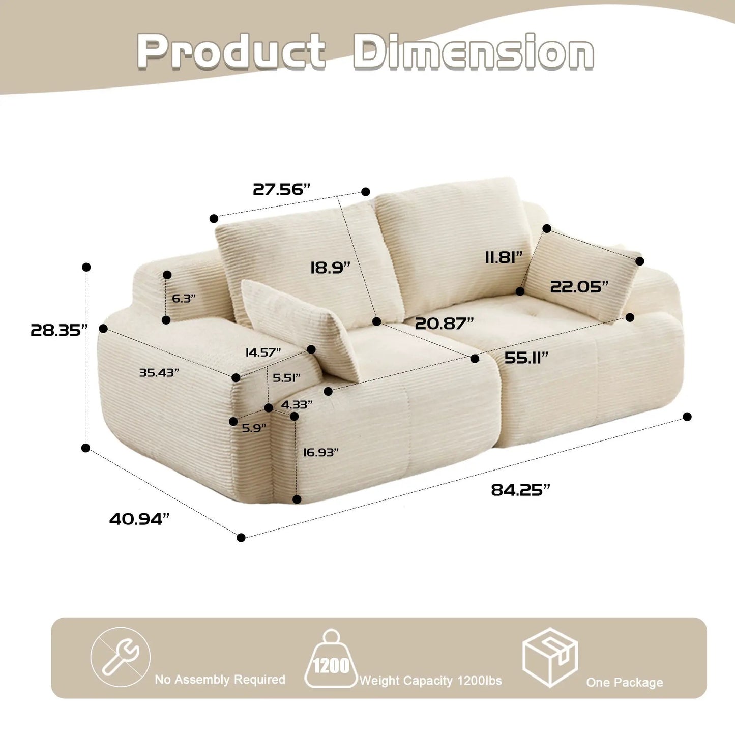 Two-seater large sectional sofa in beige fabric by Unique Piece Furniture, stationary living room couch on Tampa Home & Garden Store