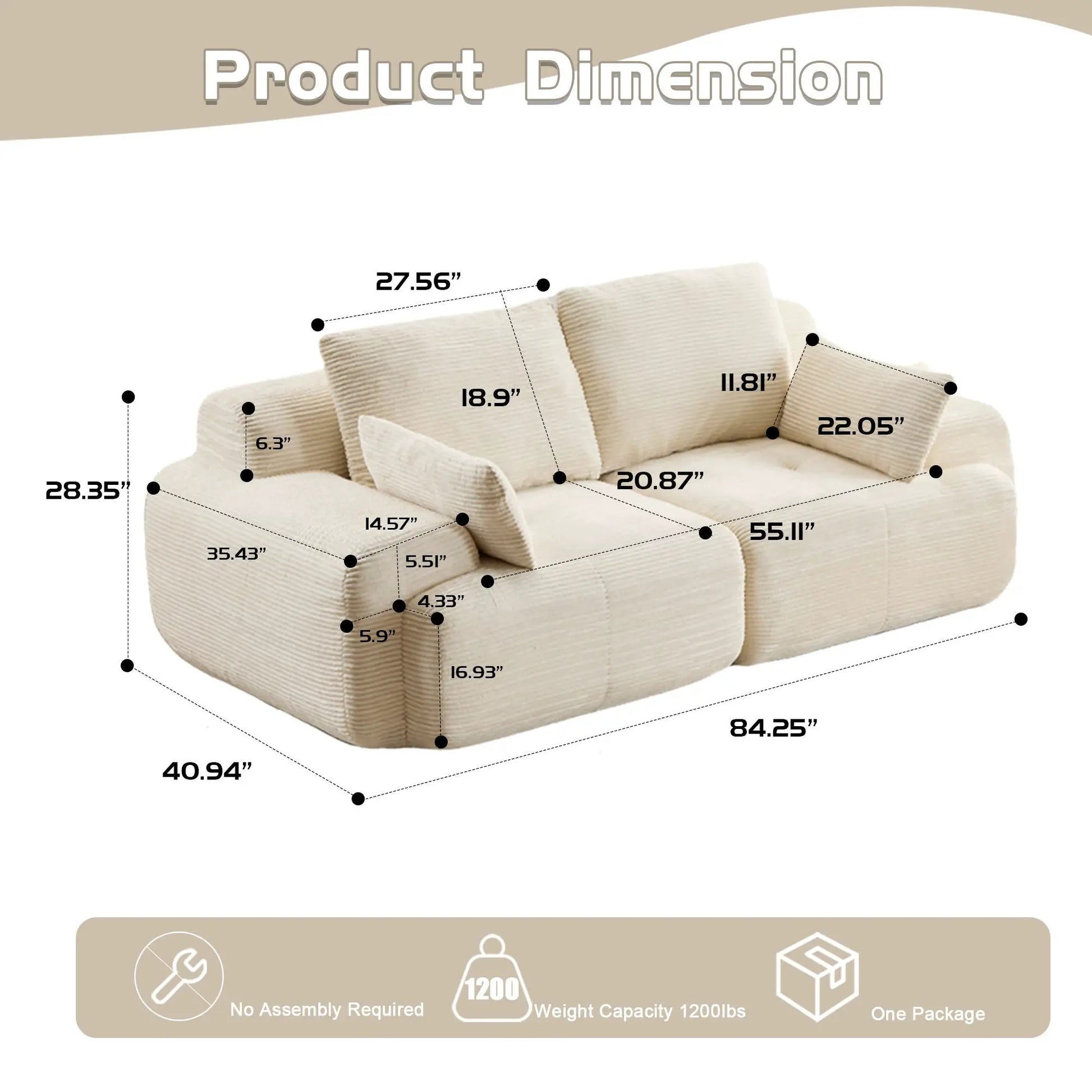 Two-seater large sectional sofa in beige fabric by Unique Piece Furniture, stationary living room couch on Tampa Home & Garden Store