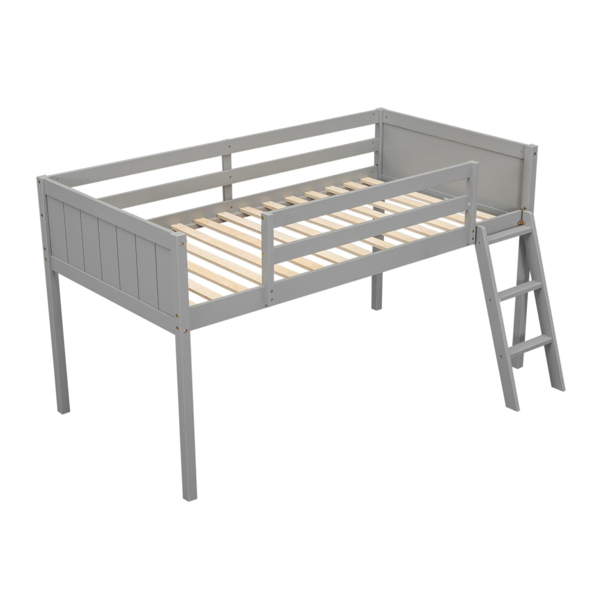 Low Loft Bed With Adjustable Ladder by HouseOfZazla, gray frame with slatted bed base on Tampa Home & Garden Store