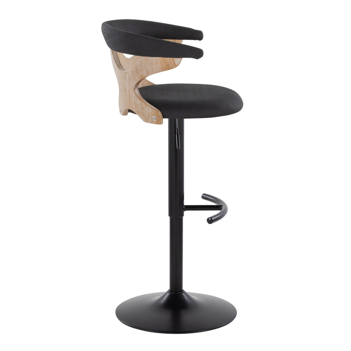 Barstool adjustable with swivel, black upholstered seat and back on natural wood frame on Tampa Home & Garden Store