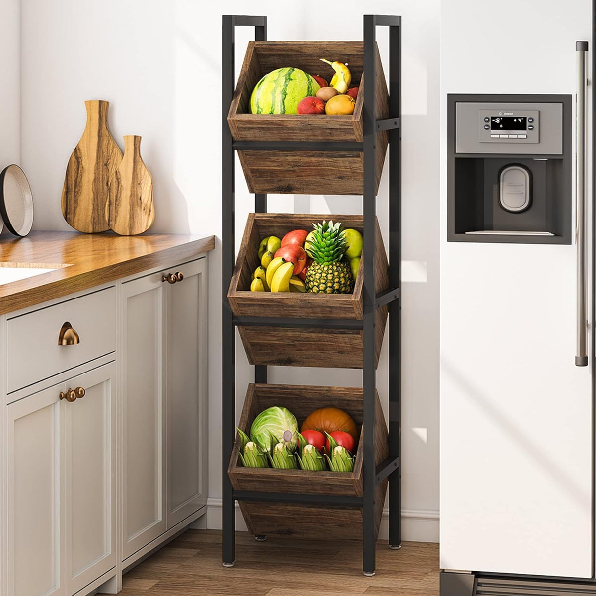 3 Tier Basket Stand with Angled Wooden Baskets in black metal frame, 5-basket kitchen rack on Tampa Home & Garden Store