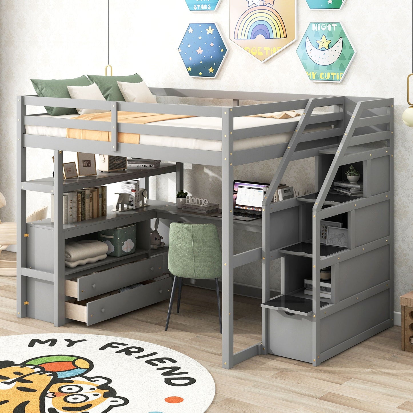Loft bed with desk by HouseOfZazla, gray finish, shelves and two drawers, storage staircase on Tampa Home & Garden Store