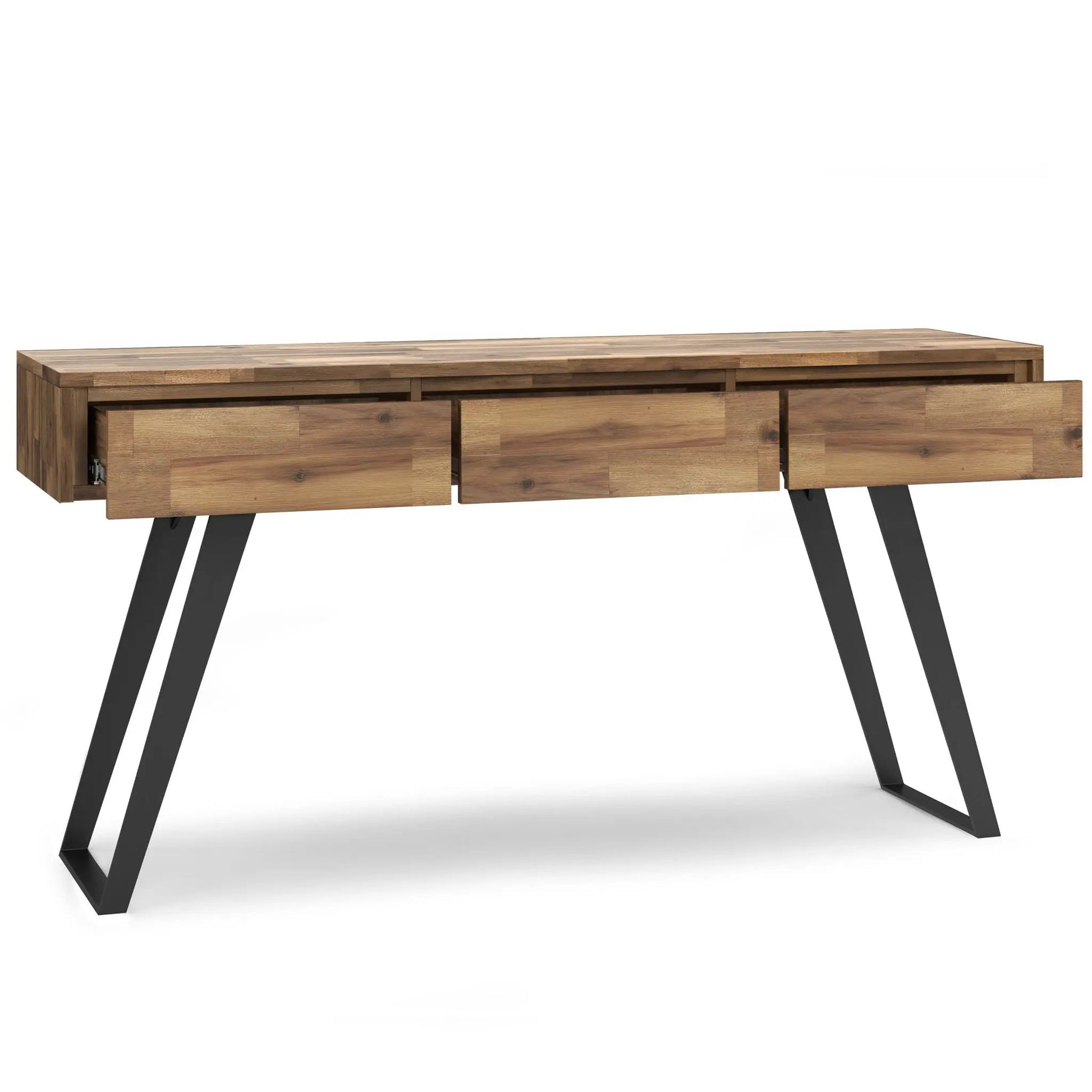 Lowry Handcrafted Console Sofa Table in warm oak with black angled legs on Tampa Home & Garden Store
