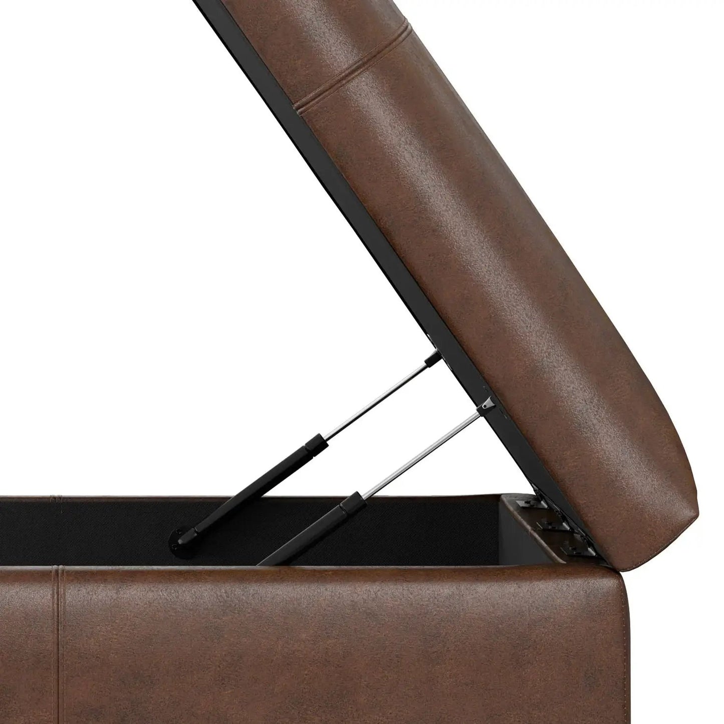 Gabbie coffee table storage ottoman in brown distressed leather with black base and gas-lift lid on Tampa Home & Garden Store