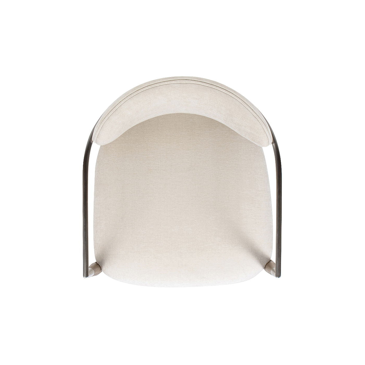 Artemis upholstered dining arm chair with brushed nickel arms in warm white fabric on Tampa Home & Garden Store