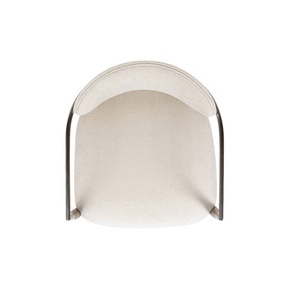 Artemis upholstered dining arm chair with brushed nickel arms in warm white fabric on Tampa Home & Garden Store