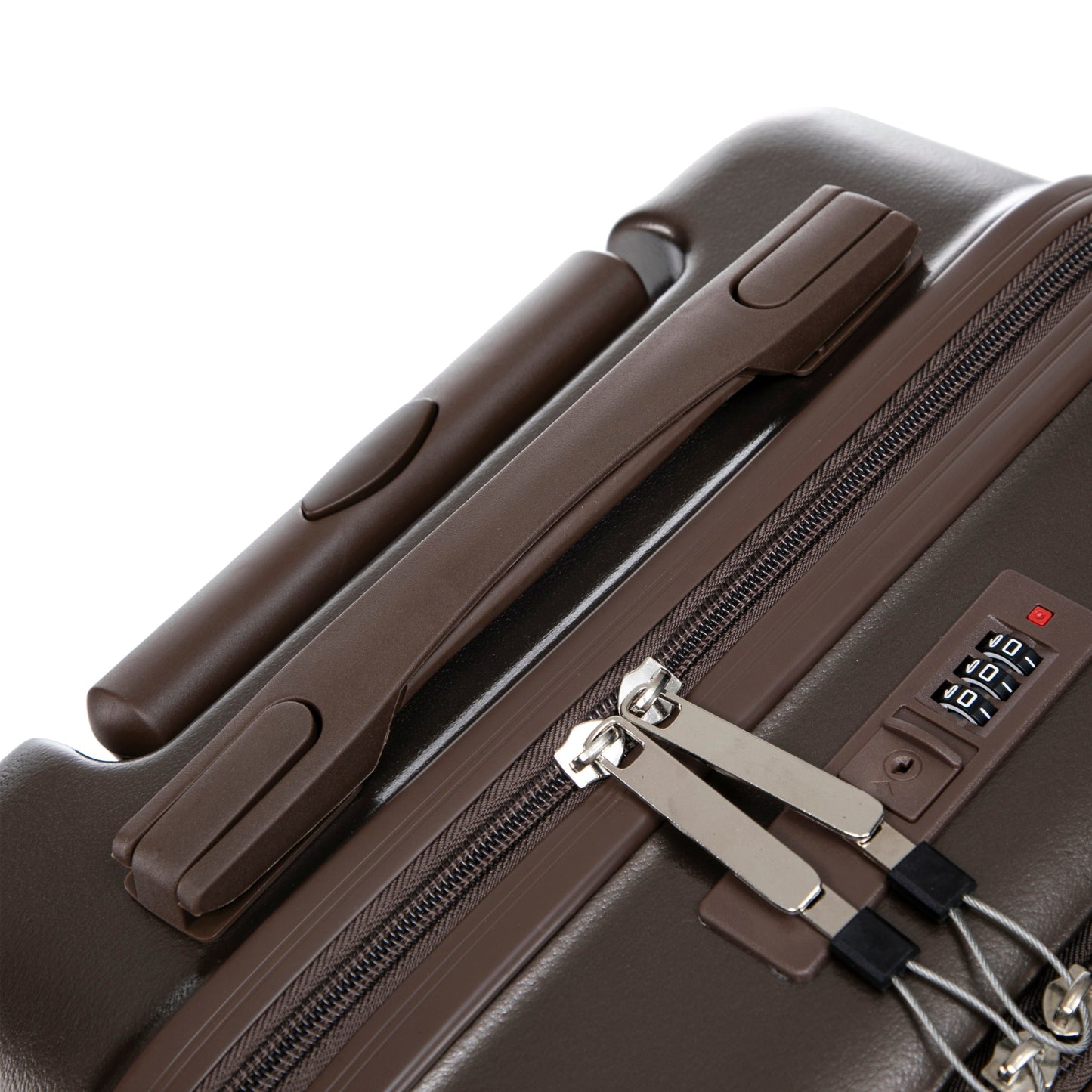 Luggage set brown ABS close-up showing side handle, zippers, and built-in combination lock on Tampa Home & Garden Store