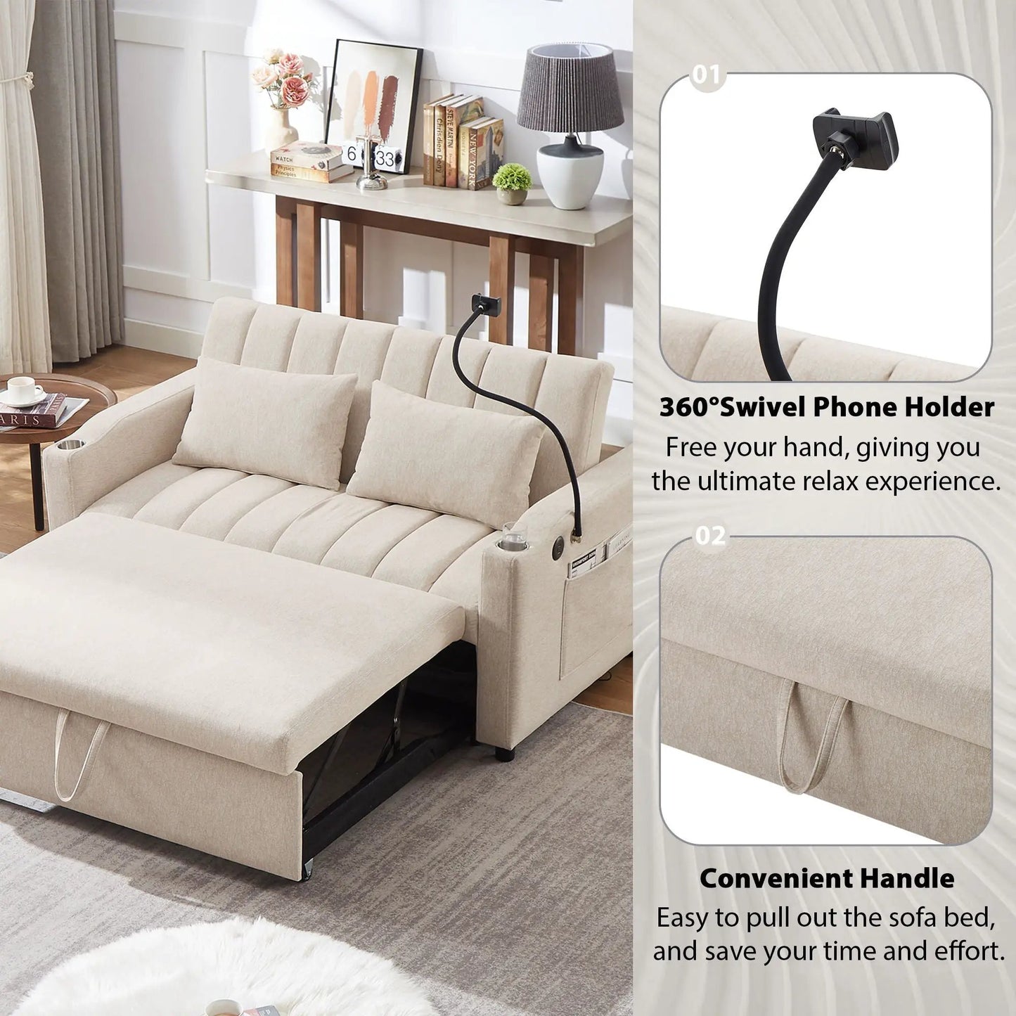 Convertible sofa bed loveseat in beige fabric by Unique Piece Furniture with pull-out bed on Tampa Home & Garden Store