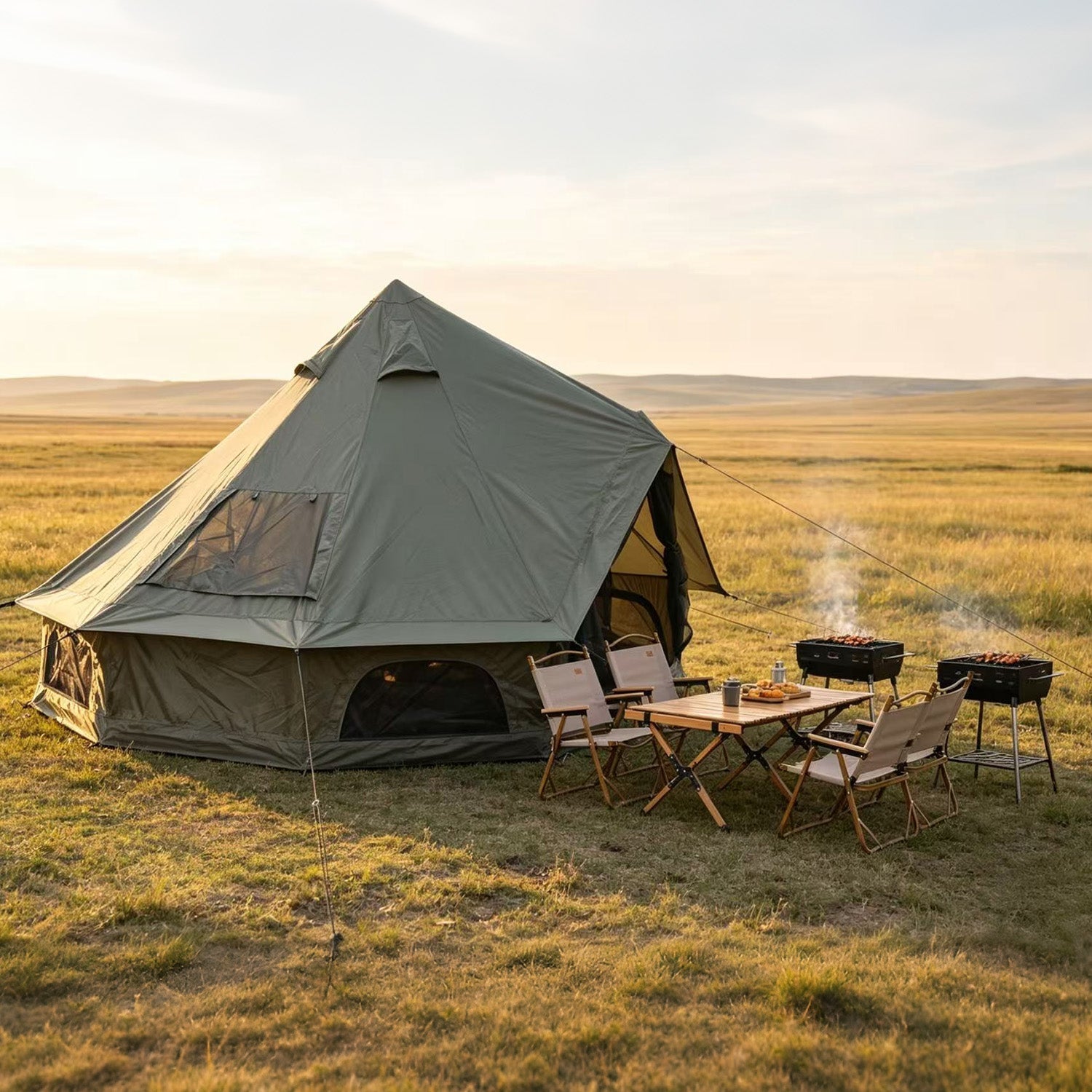 GemGear Oxford Bell Tent 13.1ft with stove jack in grassy campsite with table and seating on Tampa Home & Garden Store