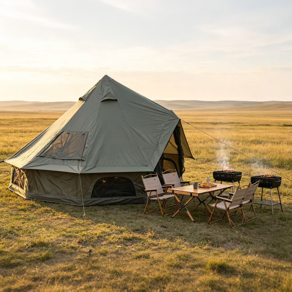 GemGear Oxford Bell Tent 13.1ft with stove jack gray-green canvas, family camping setup on Tampa Home & Garden Store