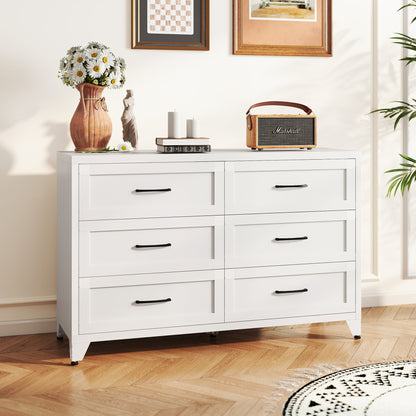 HouseOfZazla 6 Drawer Dresser in white with black handles; daisies vase and Marshall speaker on Tampa Home & Garden Store