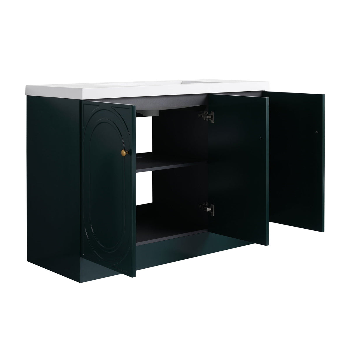 Freestanding bath vanity HouseOfZazla dark green cabinet with white resin sink, doors open on Tampa Home & Garden Store