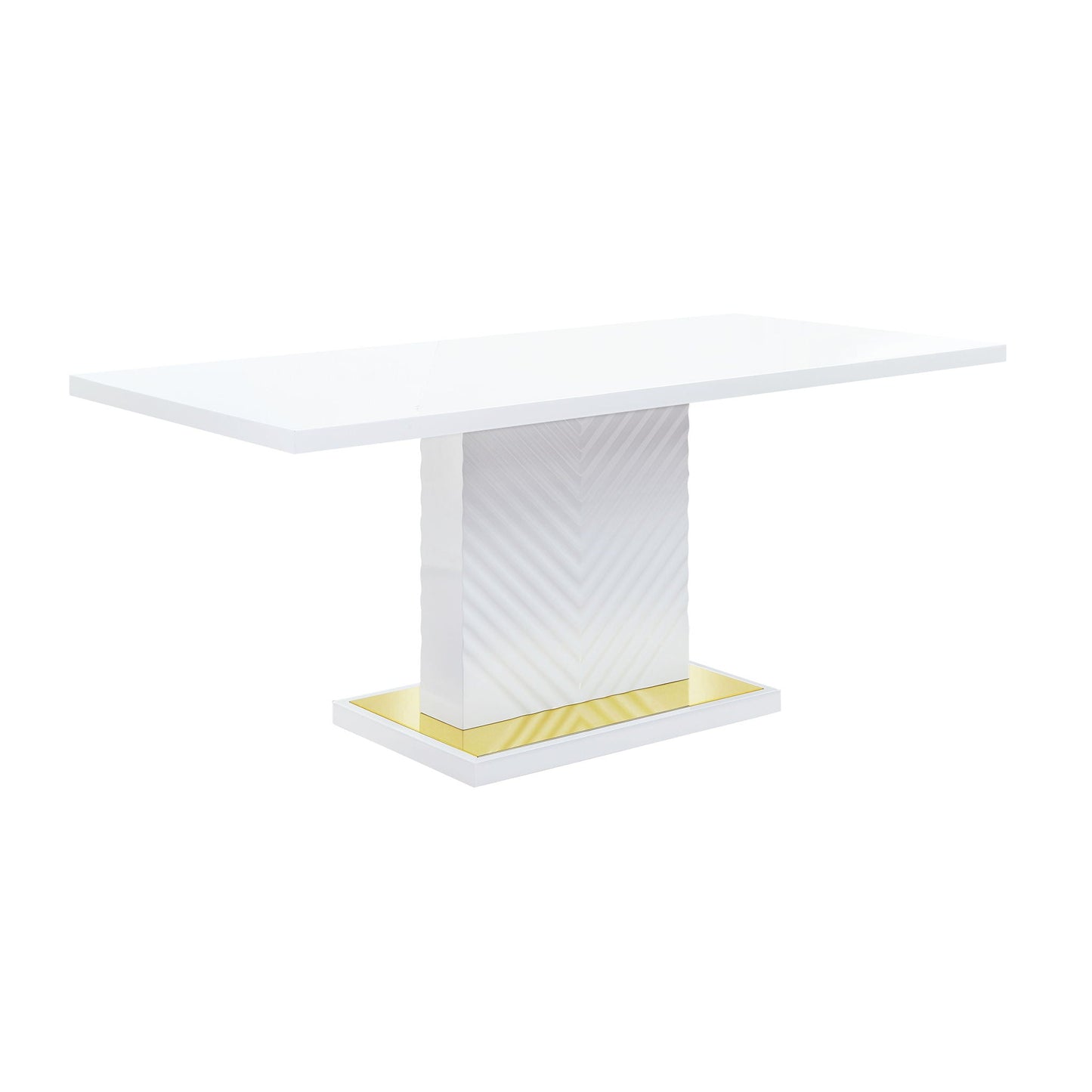 Gaines high gloss white dining table with pedestal base, textured column, gold-accent base on Tampa Home & Garden Store