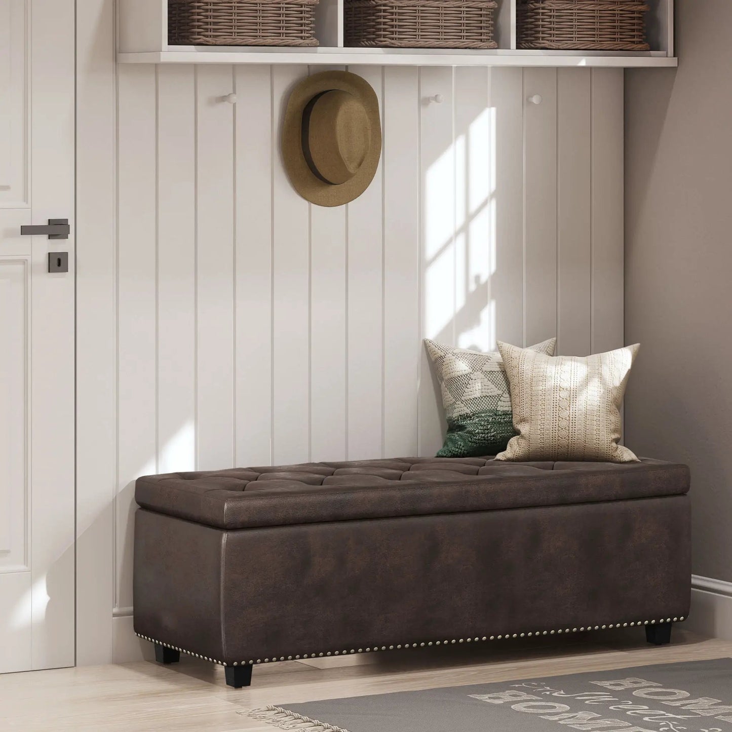 Hamilton Upholstered Storage Ottoman dark brown faux leather with nailhead trim on Tampa Home & Garden Store