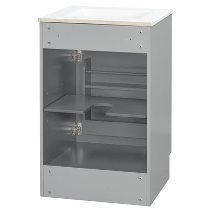 Gray bathroom vanity with white sink countertop and beige edge, adjustable shelf, HouseOfZazla on Tampa Home & Garden Store