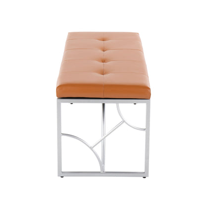 Elegant peach tufted upholstered bench with chrome metal frame on Tampa Home & Garden Store