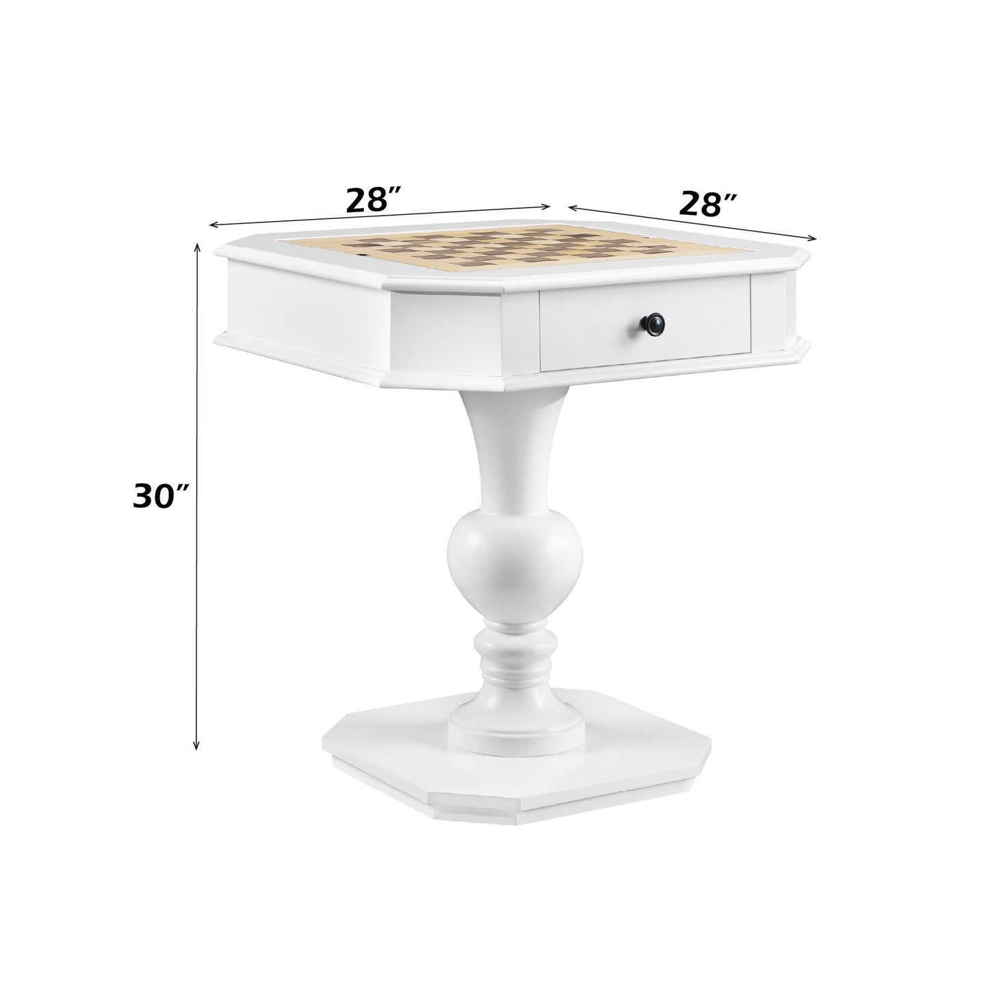 Galini Game Table white 28-inch square top with chessboard and drawer front pedestal base on Tampa Home & Garden Store