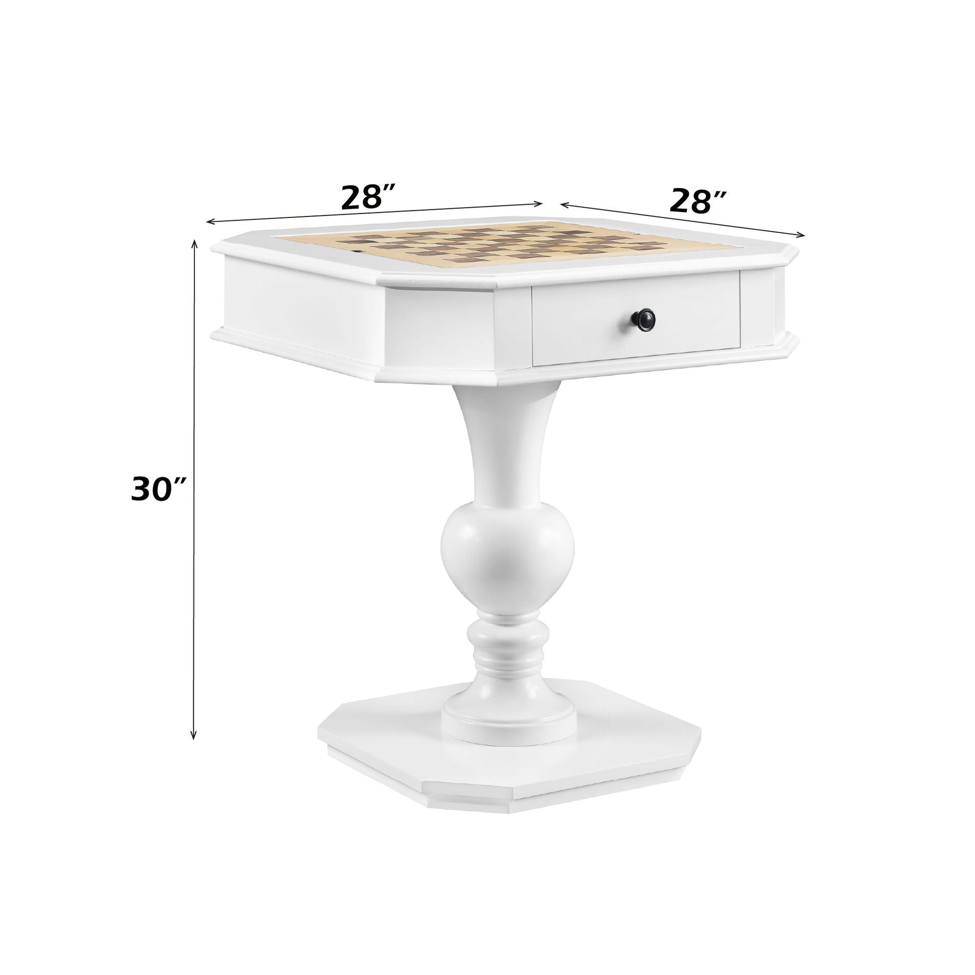 Galini Game Table white 28-inch square top with chessboard and drawer front pedestal base on Tampa Home & Garden Store