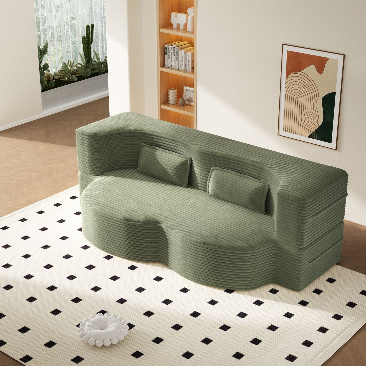 Modern floor futon sofa by HouseOfZazla, green fabric, 2 pillows, twin convertible bed on Tampa Home & Garden Store