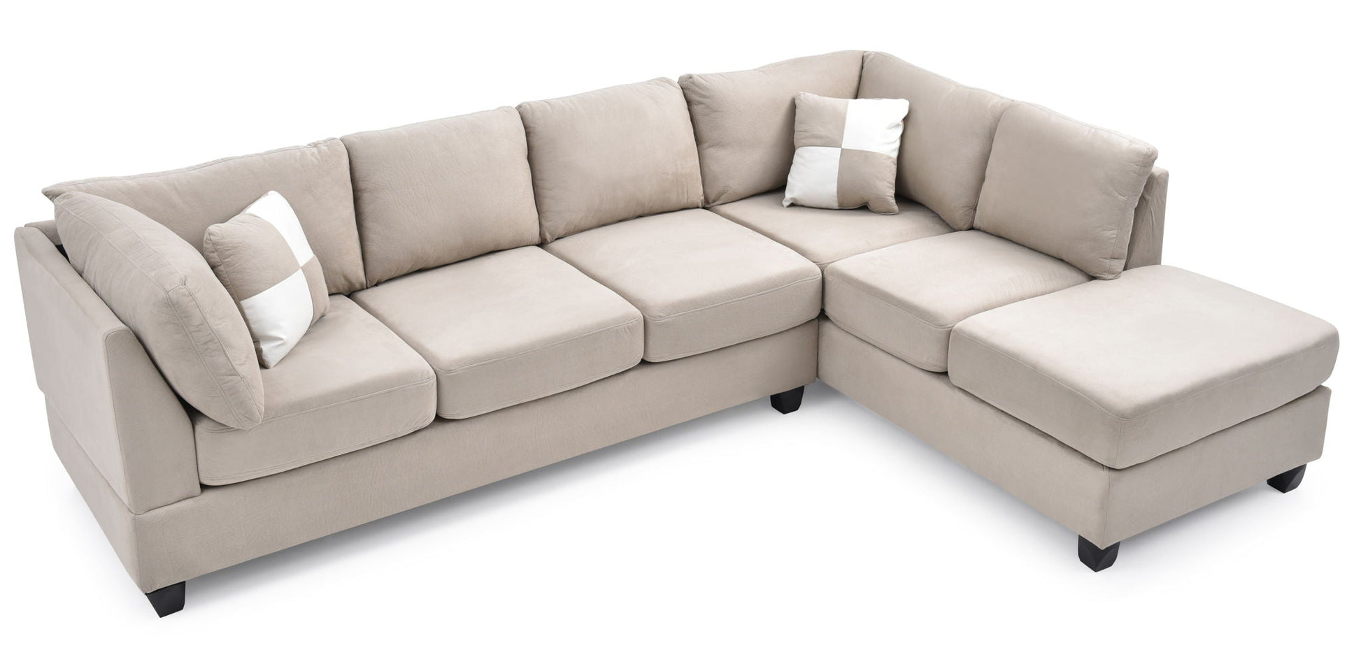 Malone Comfort Sectional beige fabric sofa with chaise on right, 3 cushions, legs on Tampa Home & Garden Store