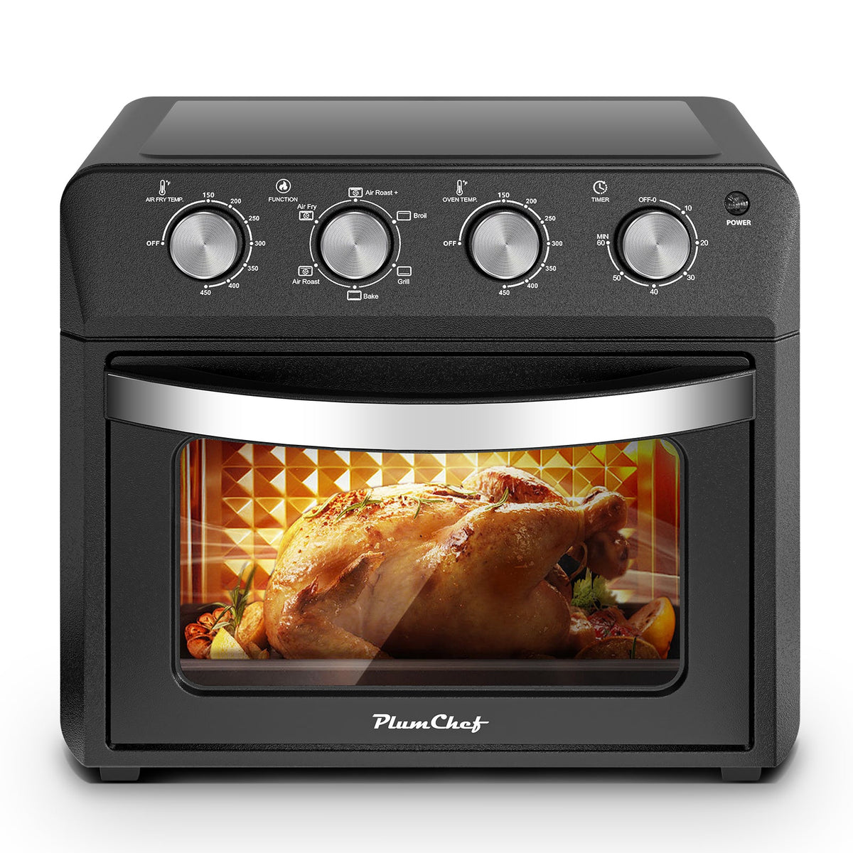 PlumChef Large Family Air Fryer Oven with four silver knobs and glass door showing roasted turkey on Tampa Home & Garden Store