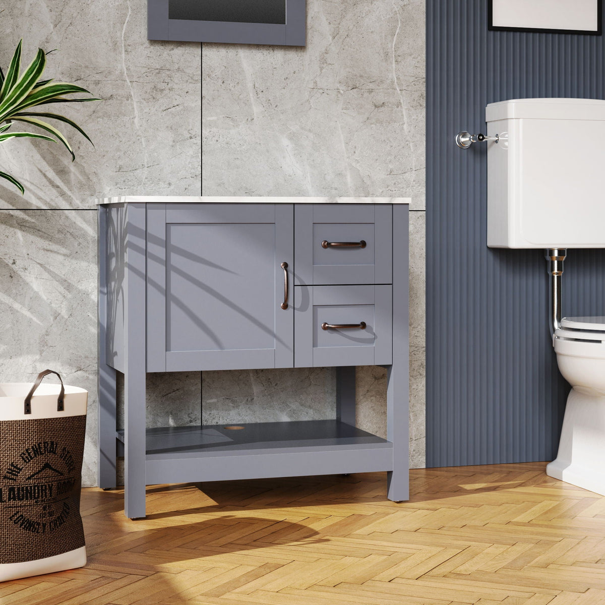 Gray HouseOfZazla bathroom vanity with marble-pattern top and mirror, drawers on Tampa Home & Garden Store