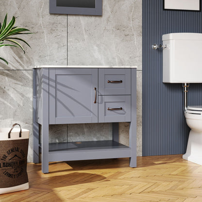 Gray HouseOfZazla bathroom vanity with marble-pattern top and mirror, drawers on Tampa Home & Garden Store