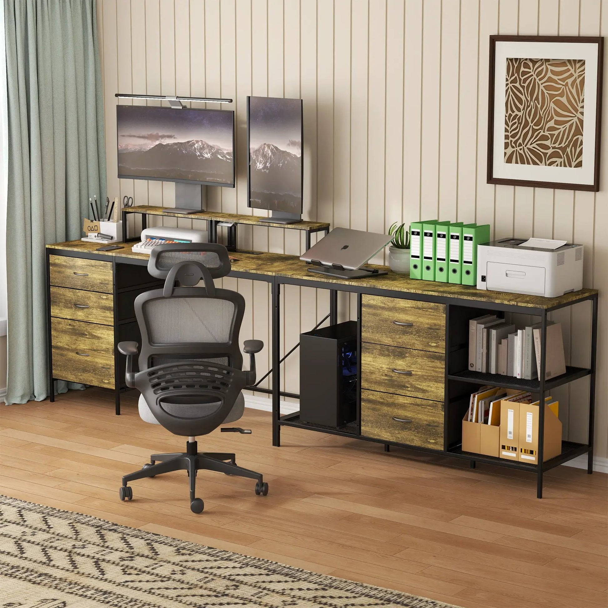 Industrial L-shaped corner desk with power hub, 6-drawer unit and two adjustable monitors on Tampa Home & Garden Store