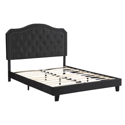 Queen upholstered bed with curved tufted headboard in black faux leather HouseOfZazla on Tampa Home & Garden Store