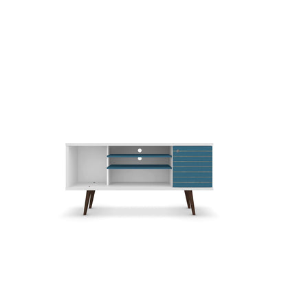 Smart Storage TV Stand by HouseOfZazla with solid wood legs, white and blue drawers on Tampa Home & Garden Store