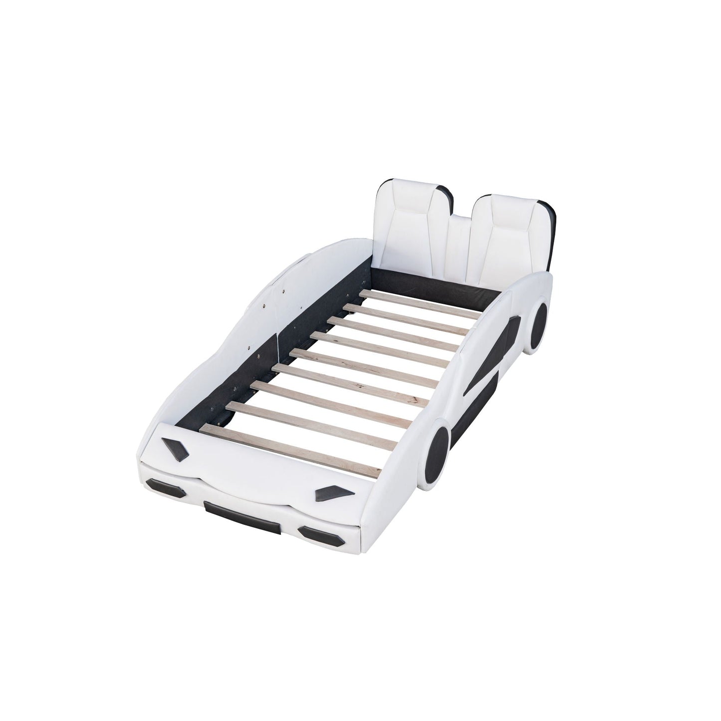 Race Car Shaped Twin Platform Bed With Wheels white black accents pine wood construction on Tampa Home & Garden Store