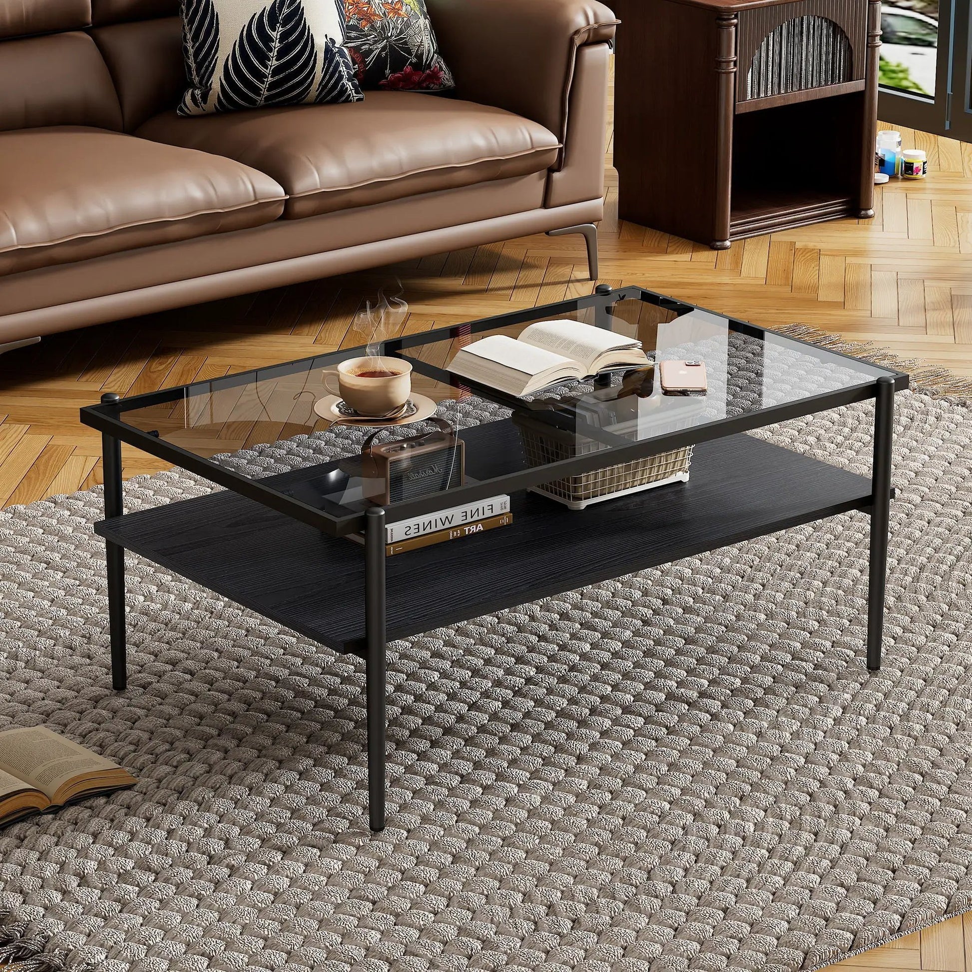 Rectangular coffee table with tempered glass top and black metal legs on Tampa Home & Garden Store
