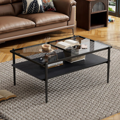Rectangular coffee table with tempered glass top and black metal legs on Tampa Home & Garden Store