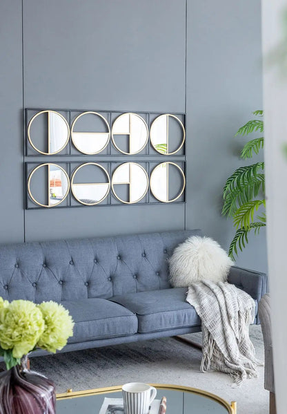Eclectic metal beaded wall mirror set in black frames with gold rims, 8 mirrors on Tampa Home & Garden Store