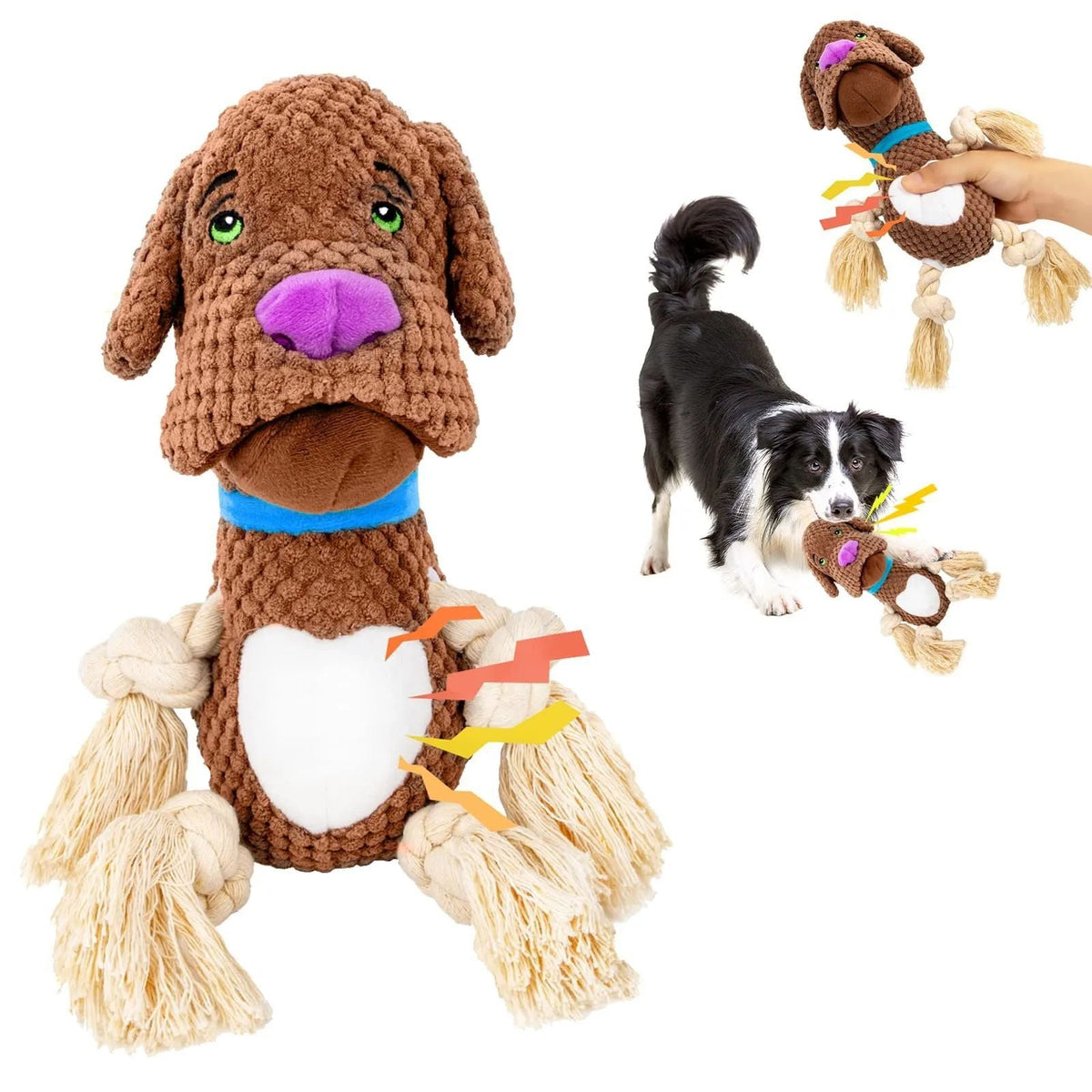 Brown plush dog toy with rope limbs, green eyes, purple nose and blue collar; sound paper on Tampa Home & Garden Store