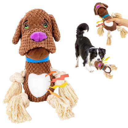 Brown plush dog toy with rope limbs, green eyes, purple nose and blue collar; sound paper on Tampa Home & Garden Store