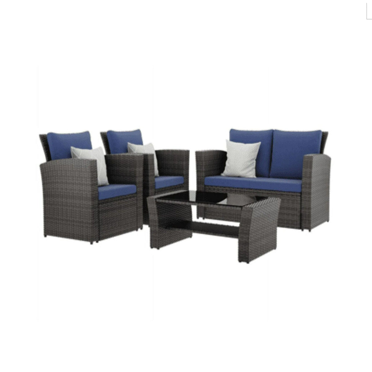 4-piece modern patio set by HouseOfZazla with blue cushions, wicker chairs and coffee table on Tampa Home & Garden Store