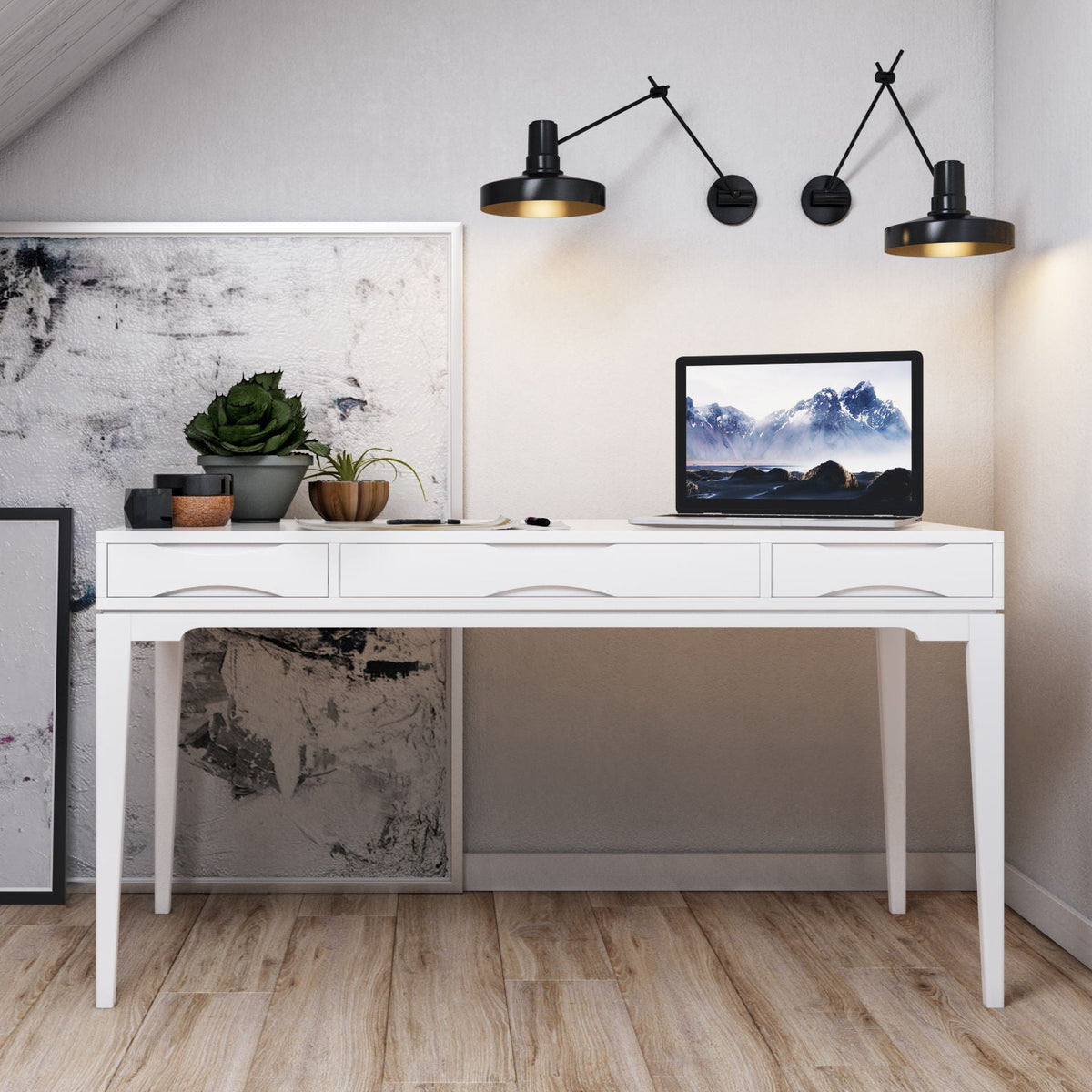 Handcrafted white writing desk with three drawers and laptop on top on Tampa Home & Garden Store