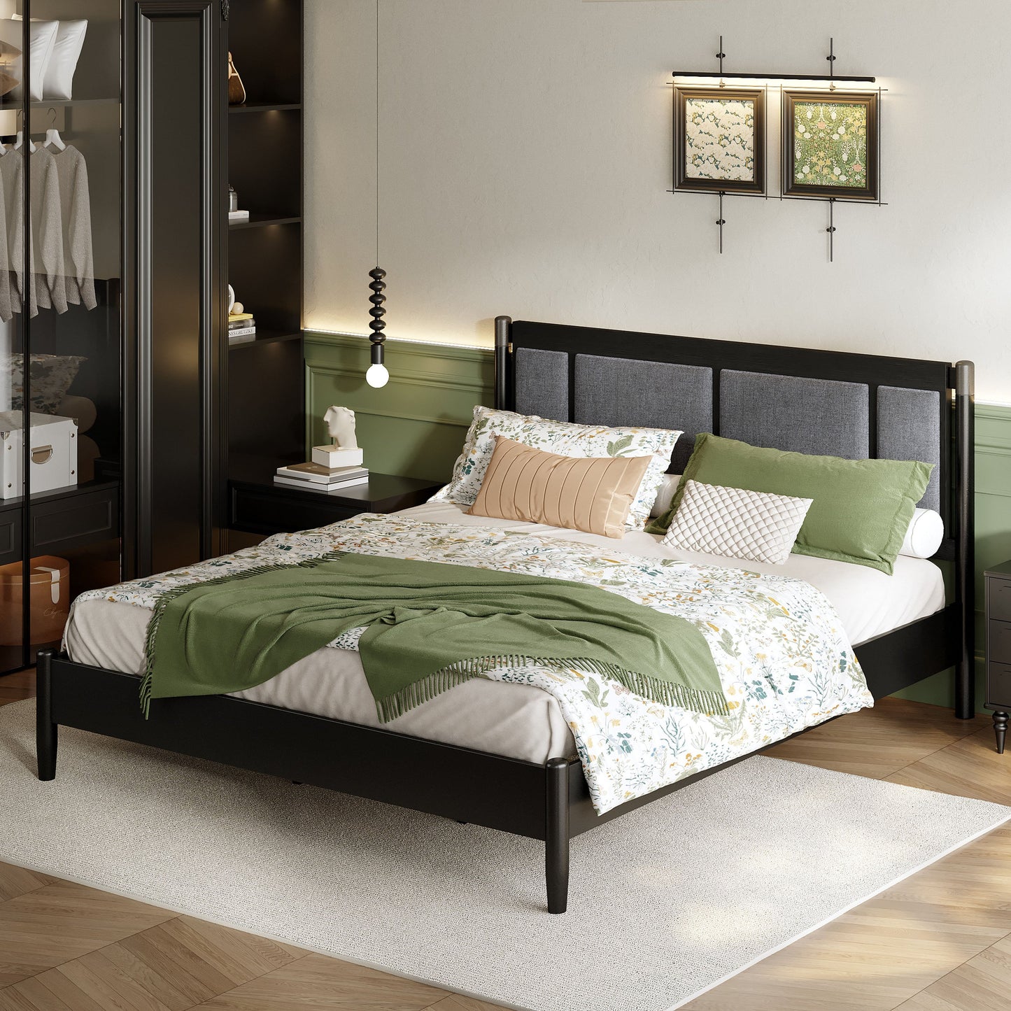 Solid Wood King Bed frame by HouseOfZazla with black finish and gray upholstered headboard panels on Tampa Home & Garden Store