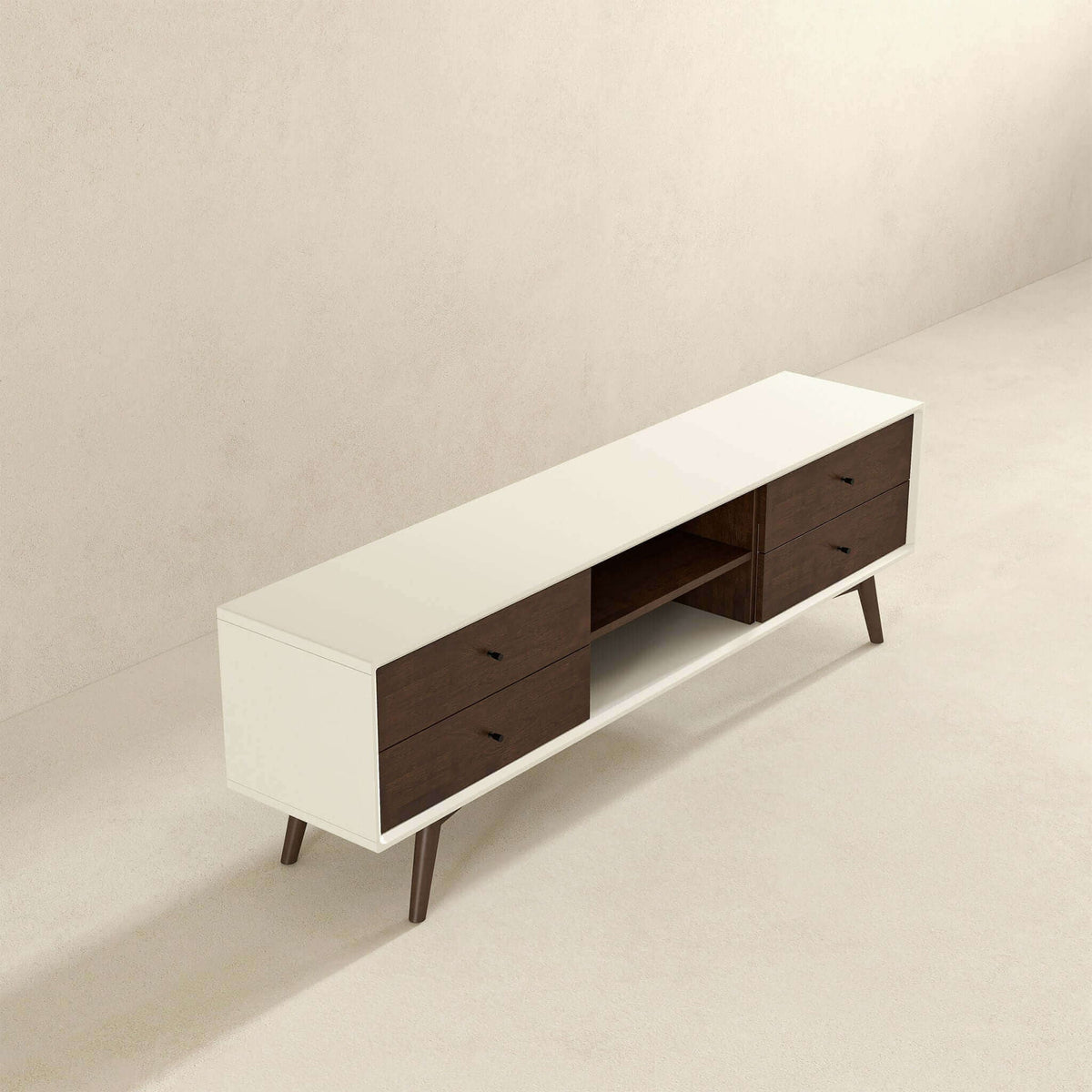 Modern TV stand up to 72 inches, white with dark brown solid wood drawers on Tampa Home & Garden Store