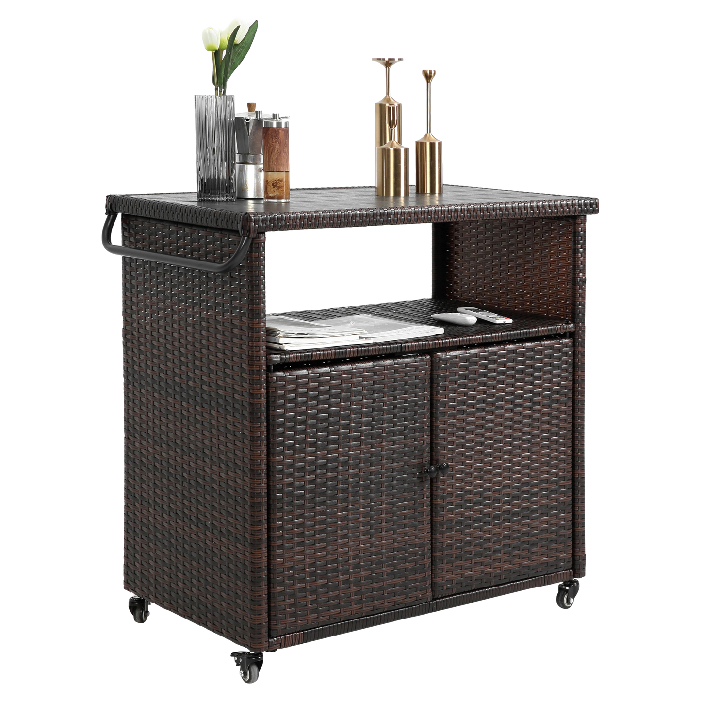 Outdoor wicker bar cart with glass top on wheels, light brown by HouseOfZazla on Tampa Home & Garden Store