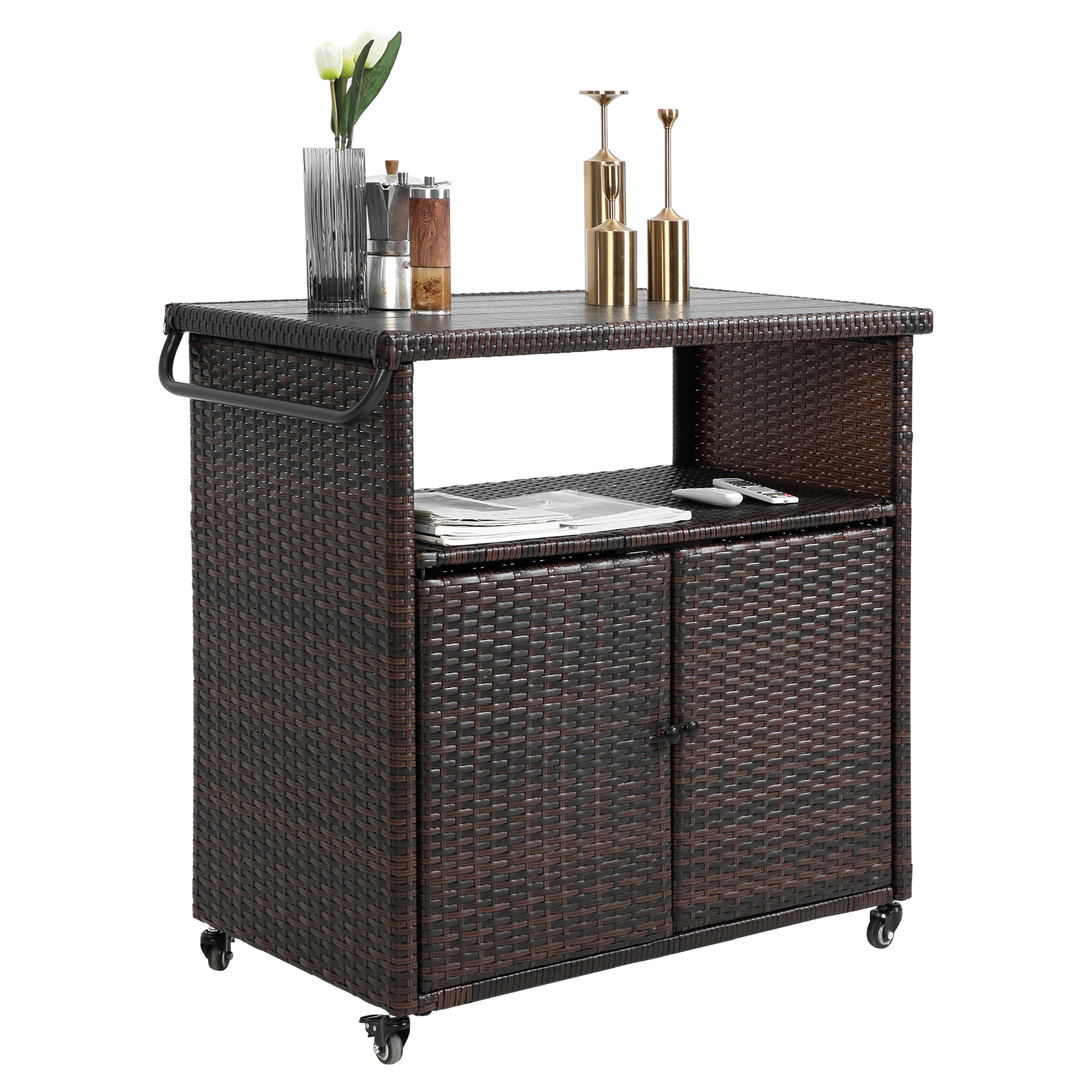 Outdoor wicker bar cart with glass top on wheels, light brown by HouseOfZazla on Tampa Home & Garden Store