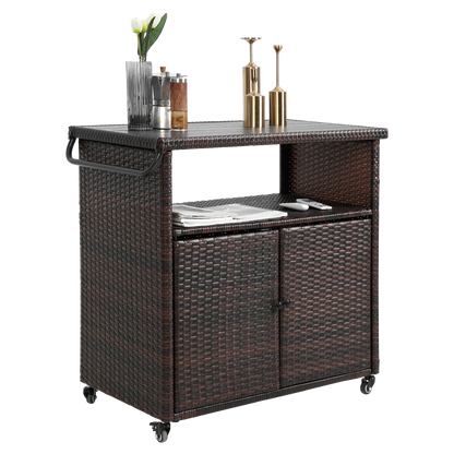 Outdoor wicker bar cart with glass top on wheels, light brown by HouseOfZazla on Tampa Home & Garden Store