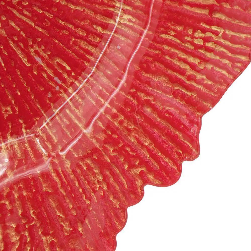 Plastic charger plate red textured surface with gold accents and scalloped edge on Tampa Home & Garden Store