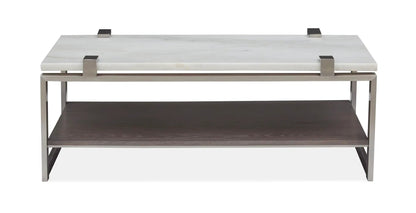 Paradox rectangular end table with white marble top, brushed steel frame, dark wood lower shelf on Tampa Home & Garden Store