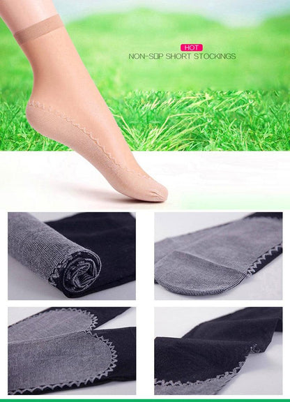 Stevvex women ankle socks; 10 pairs beige sheer sock on foot with knit swatches and zigzag hems on Tampa Home & Garden Store
