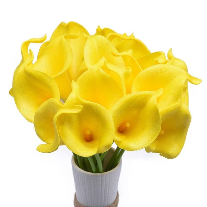 10Pcs yellow calla lily artificial bouquet, real-touch blooms, in white vase, Stevvex ST50DE6010NJB on Tampa Home & Garden Store