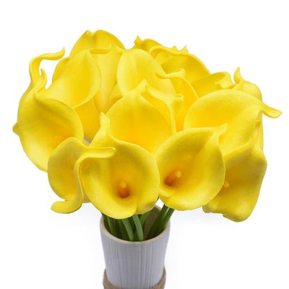 10Pcs yellow calla lily artificial bouquet, real-touch blooms, in white vase, Stevvex ST50DE6010NJB on Tampa Home & Garden Store